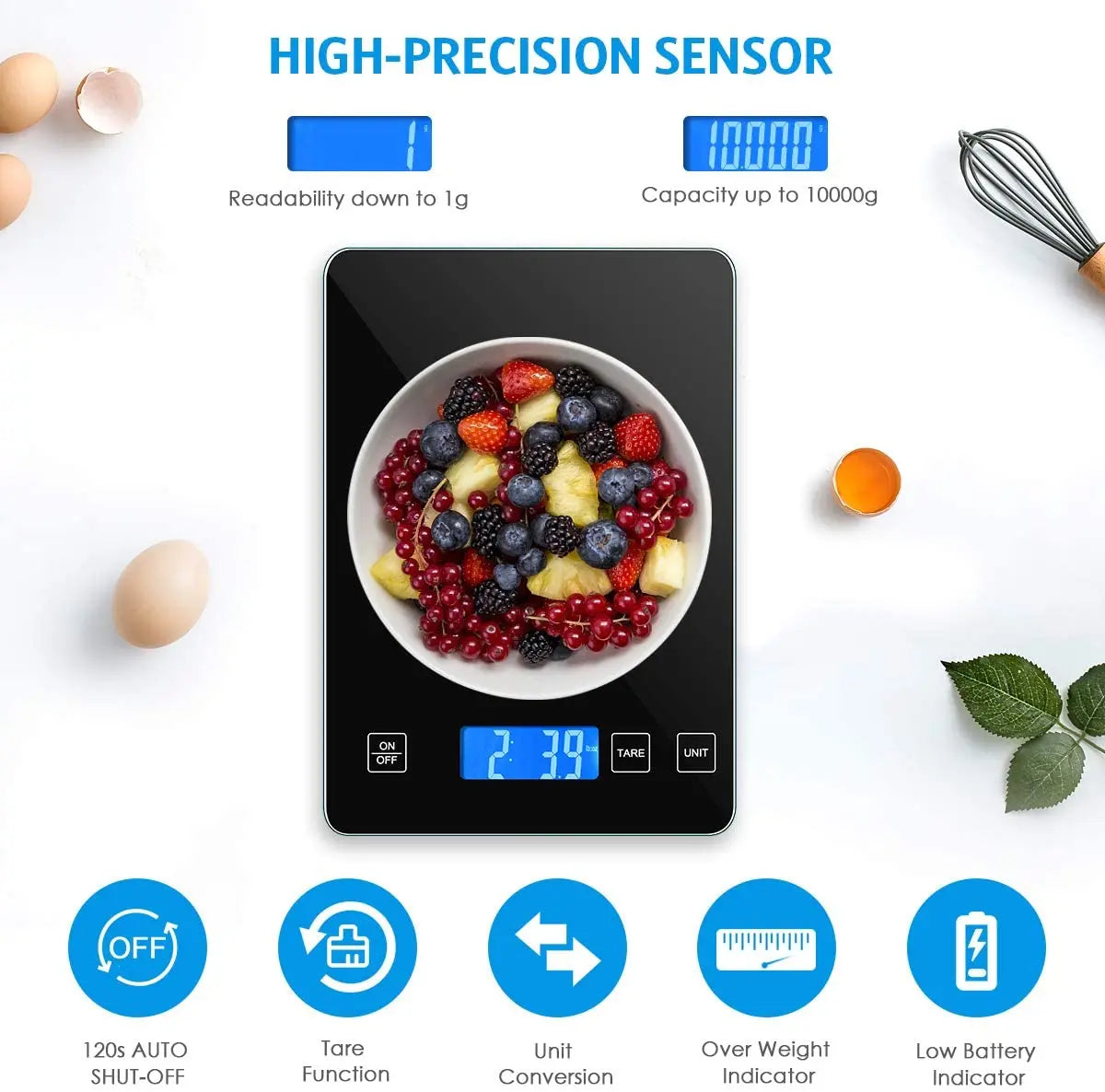 Digital kitchen scale 1g-10kg, waterproof, glass platform with high accuracy