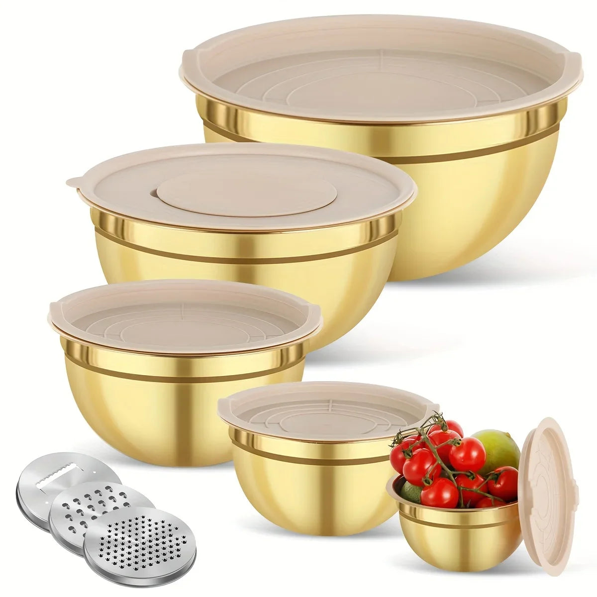 10-Piece Gold Stainless Steel Mixing Bowl Set with Lids &amp; Grater Attachments