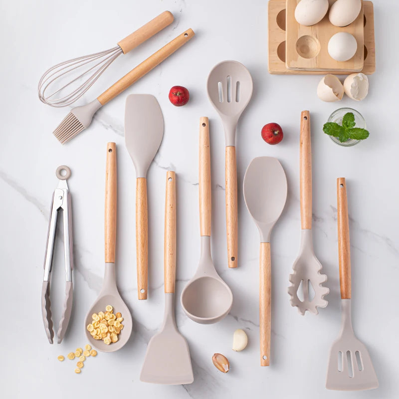 Silicone Utensil Set – Khaki Kitchen Tools with Wooden Handles, 12pcs