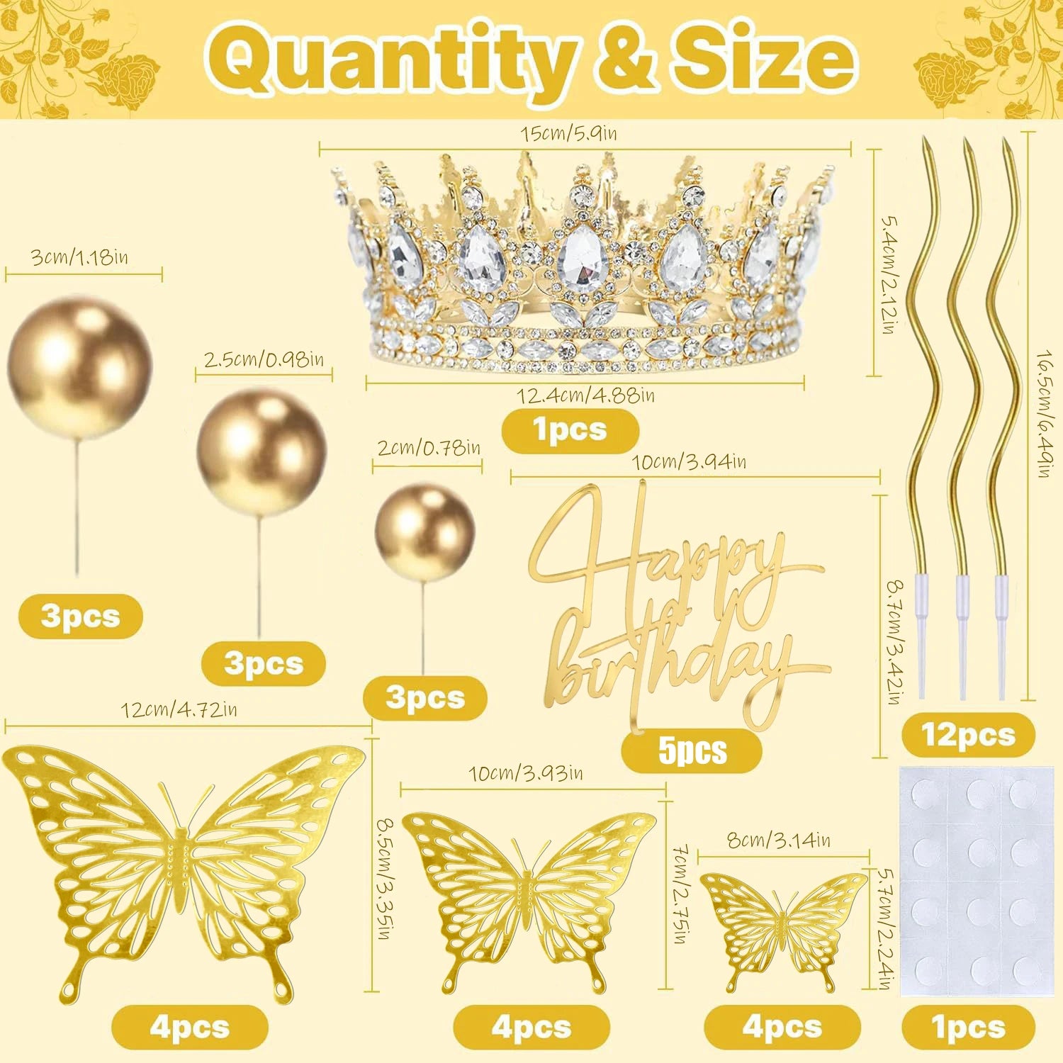 Royal Crown & Butterfly Cake Decor Set | Premium Gold, Pink & Silver Theme