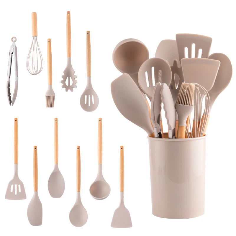 Silicone Utensil Set – Khaki Kitchen Tools with Wooden Handles, 12pcs