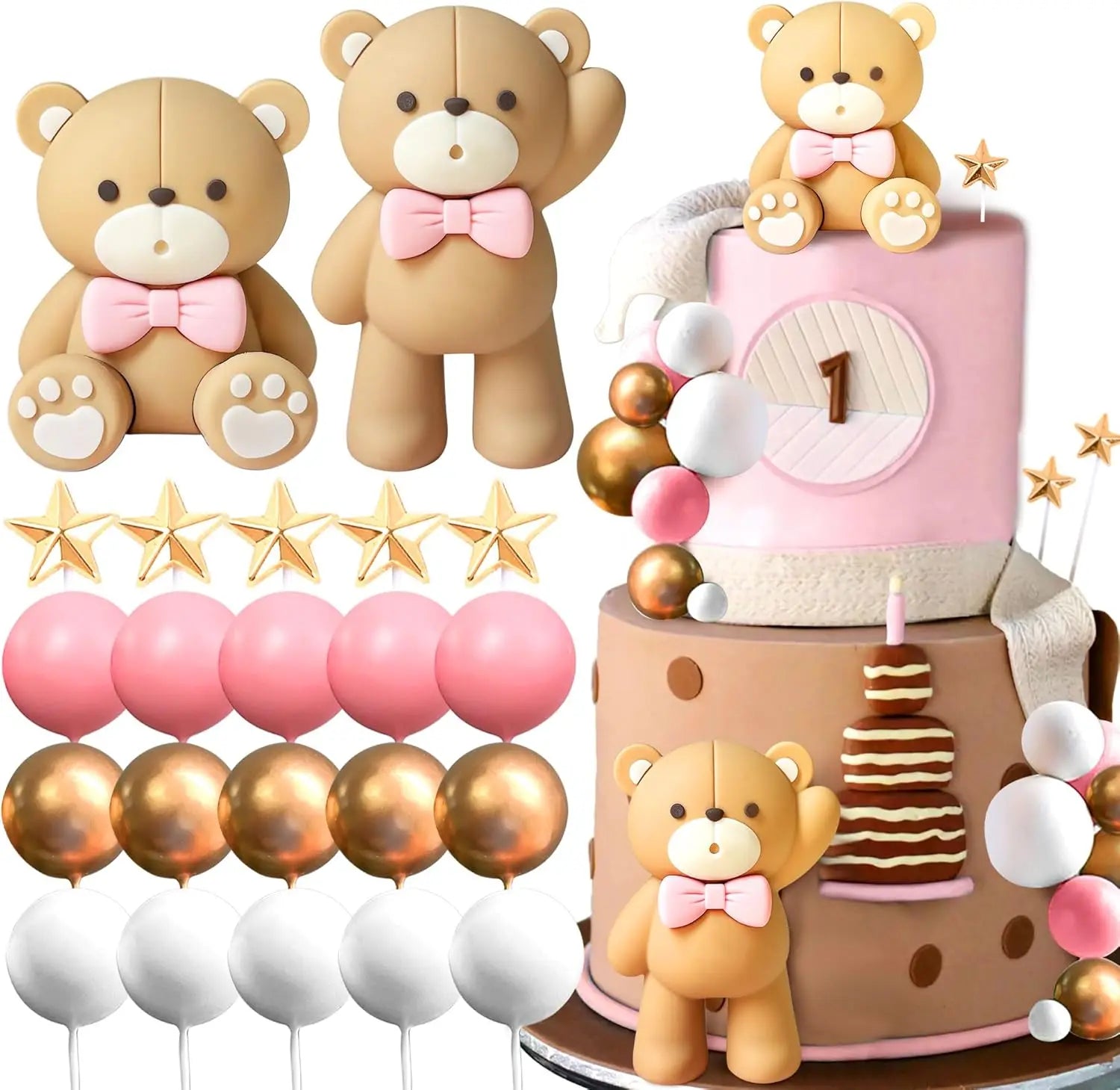 Luxury Teddy Bear Cake Topper – Adorable Decor with Satin Bow