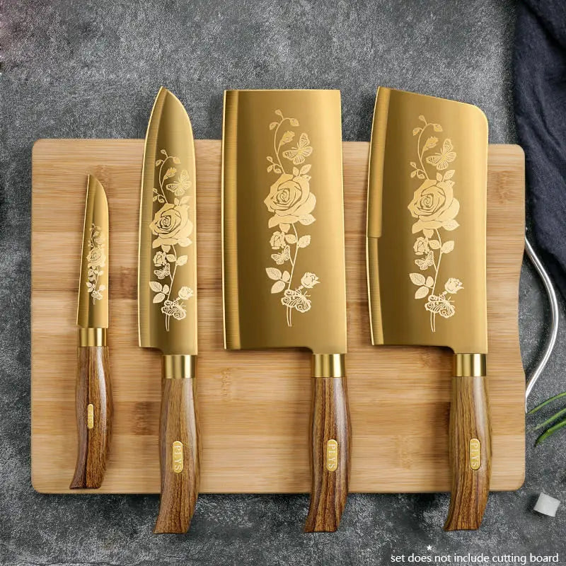 Luxurious Golden Rose 4-Piece Kitchen Knife Set | Professional Stainless Steel