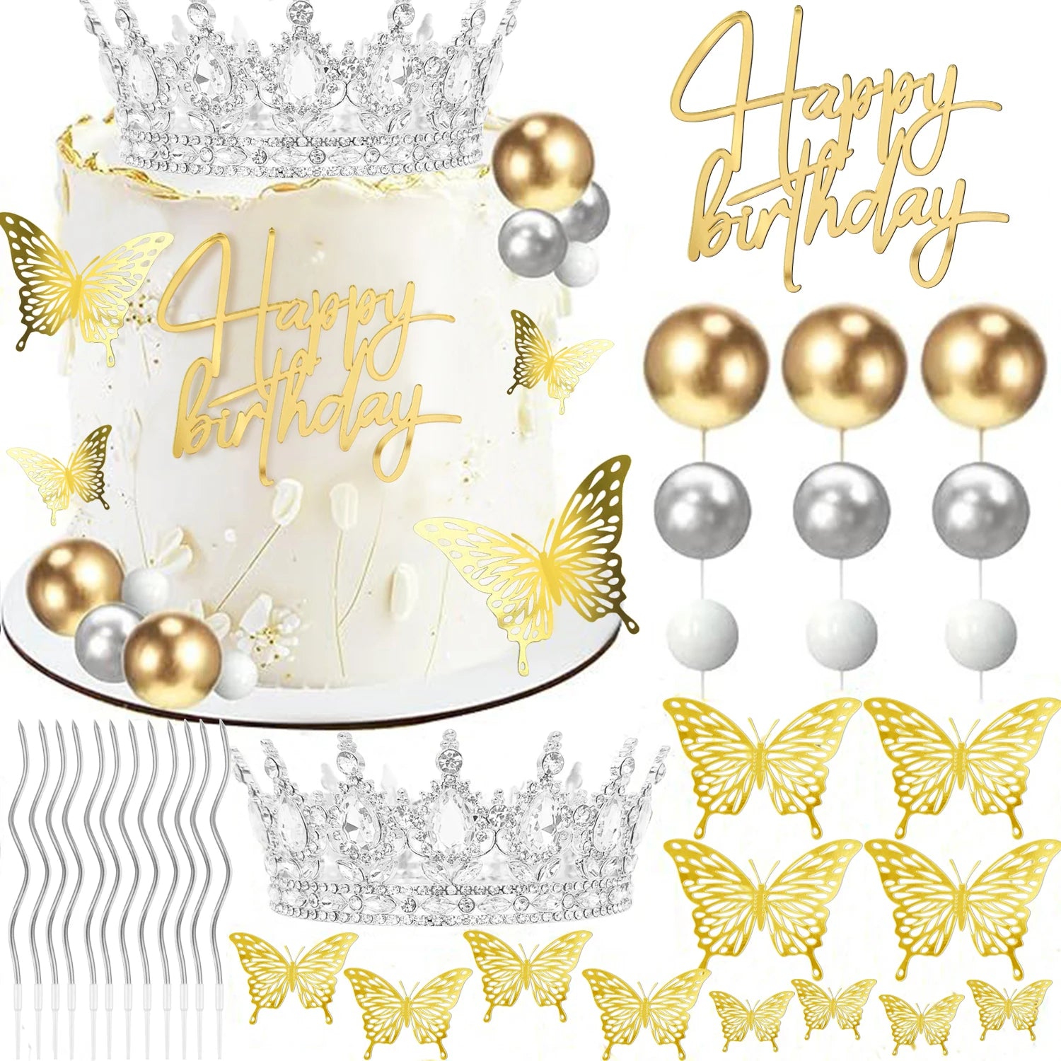 Royal Crown & Butterfly Cake Decor Set | Premium Gold, Pink & Silver Theme