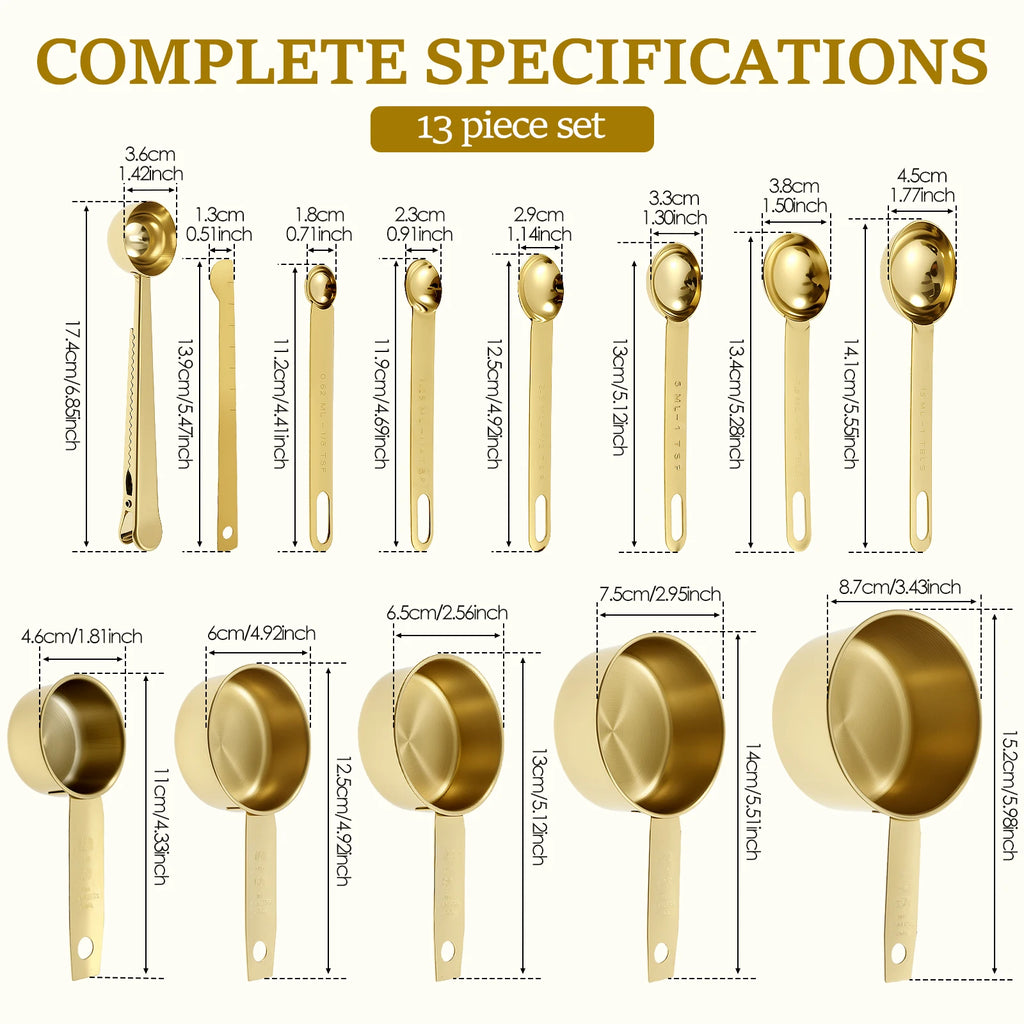 Ultimate 13-Piece Golden Stainless Steel Measuring Set | With Natural Wood Handles