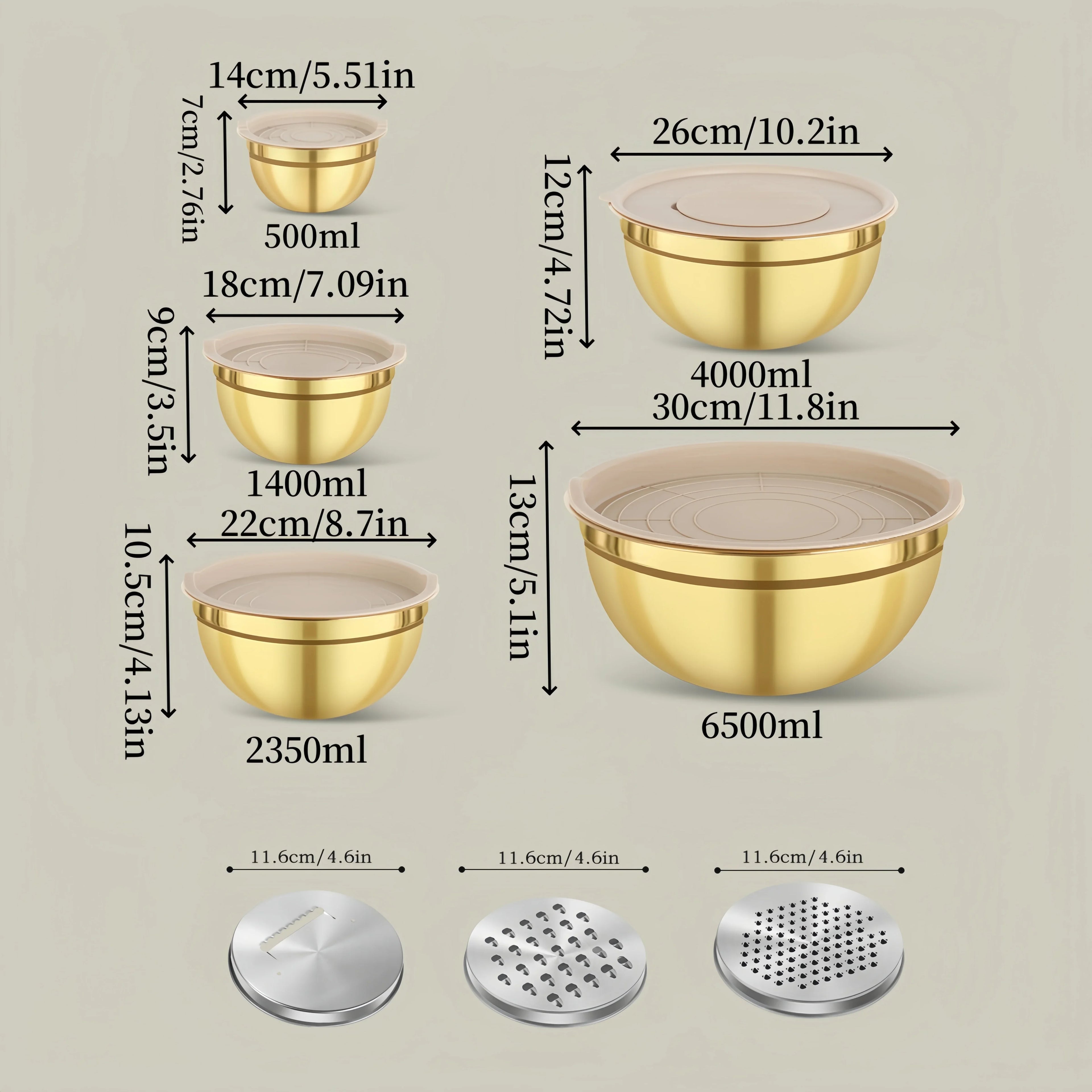 10-Piece Gold Stainless Steel Mixing Bowl Set with Lids &amp; Grater Attachments