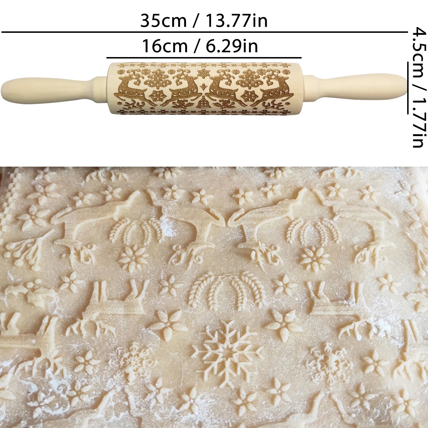 Wooden Christmas Embossing Rolling Pin – 3D Engraved Reindeer & Floral Pattern