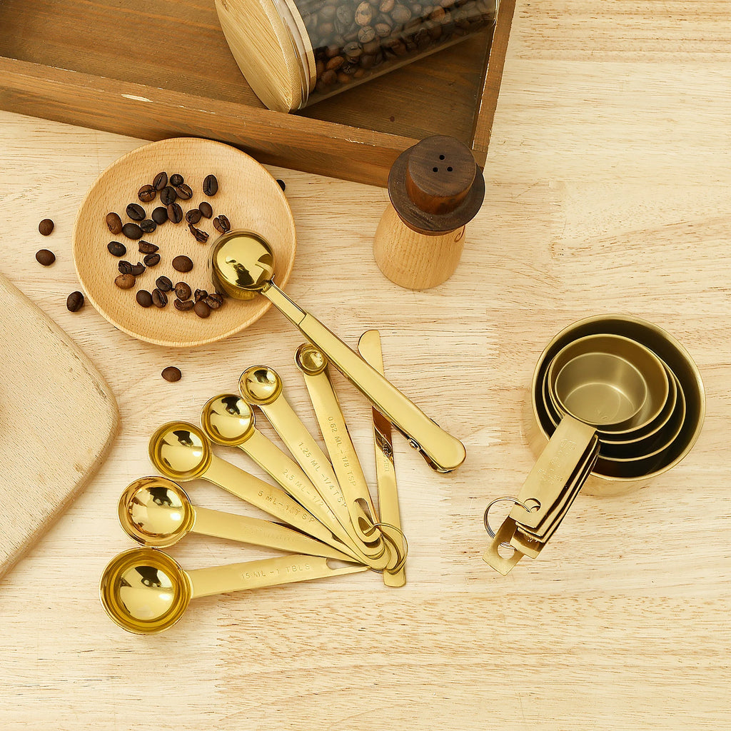 Ultimate 13-Piece Golden Stainless Steel Measuring Set | With Natural Wood Handles
