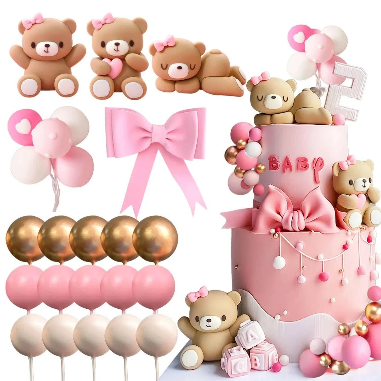Luxury Teddy Bear Cake Topper – Adorable Decor with Satin Bow