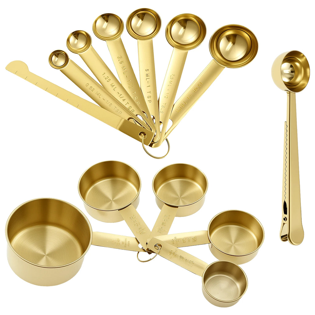 Ultimate 13-Piece Golden Stainless Steel Measuring Set | With Natural Wood Handles