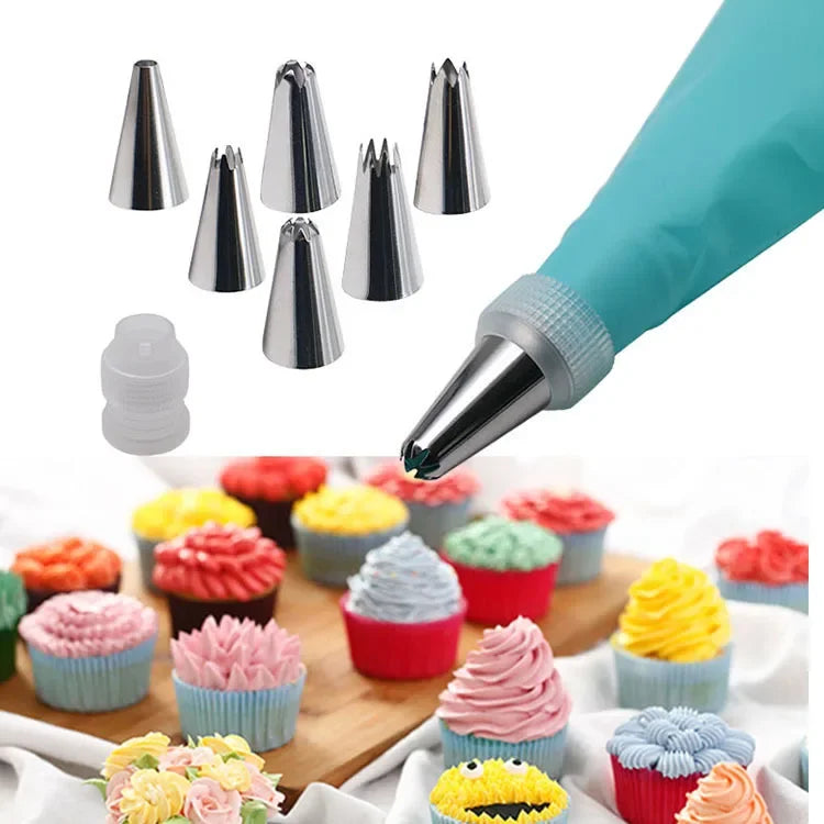 Ultimate Cake Decorating Set: Silicone Pastry Bag & 6 Stainless Steel Nozzles
