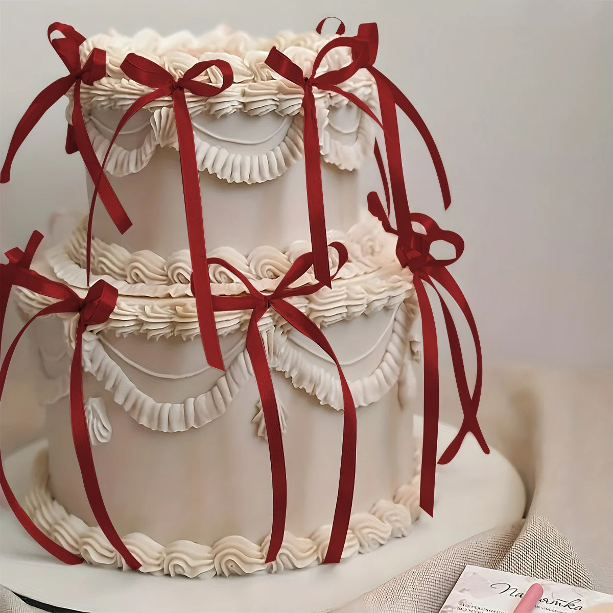Red & Pink Bow Ribbon Cake Decoration – Romantic & Party Decor