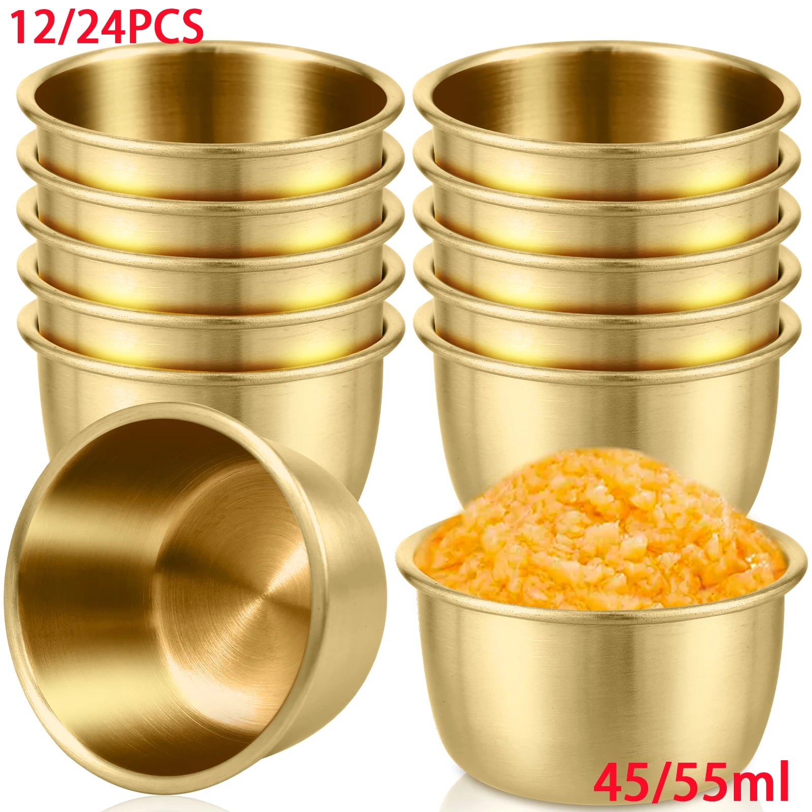 12/24Pcs Stainless Steel Small Sauce Cups – Round Dipping Bowls (45ml / 55ml)