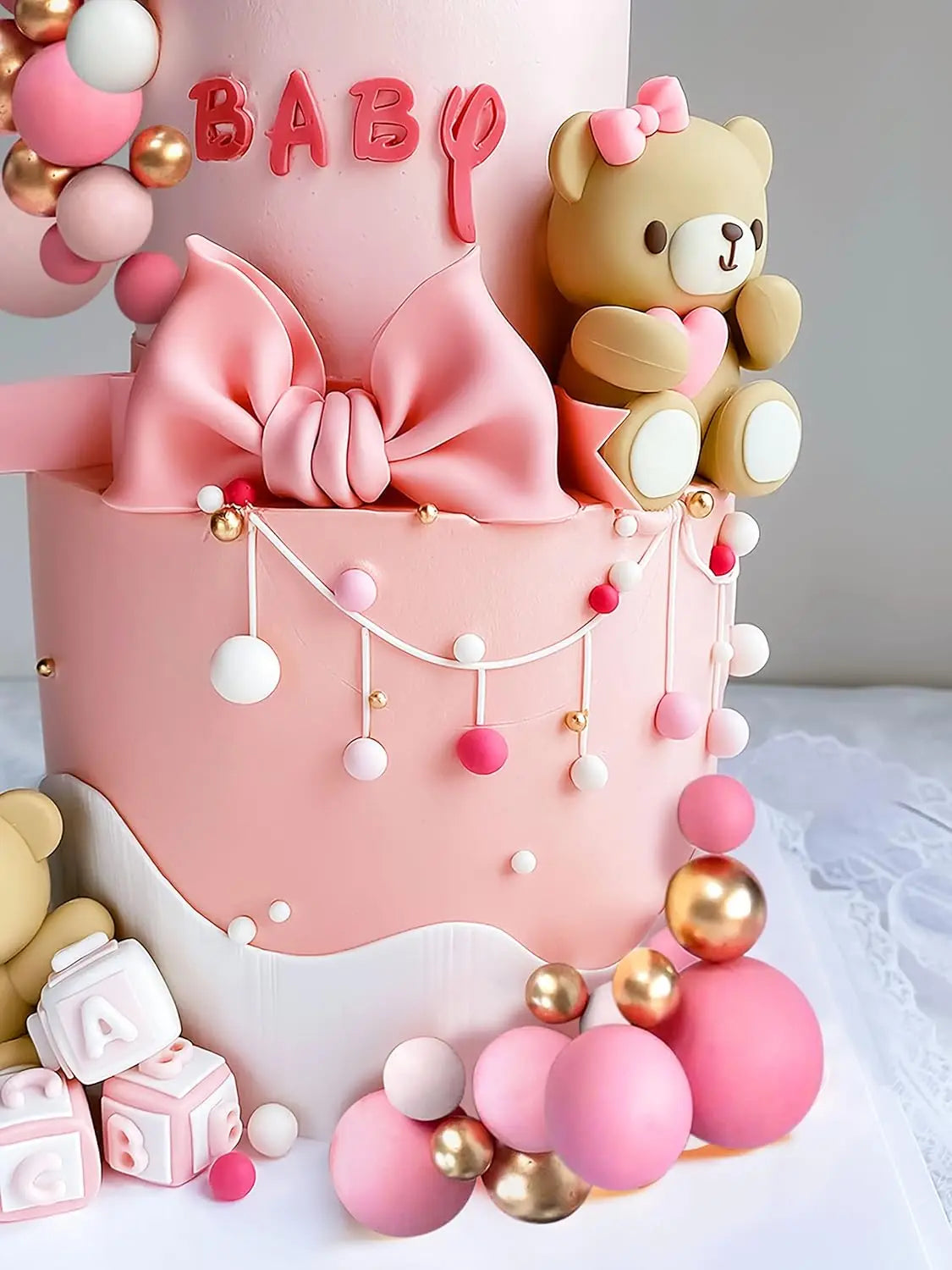 Luxury Teddy Bear Cake Topper – Adorable Decor with Satin Bow