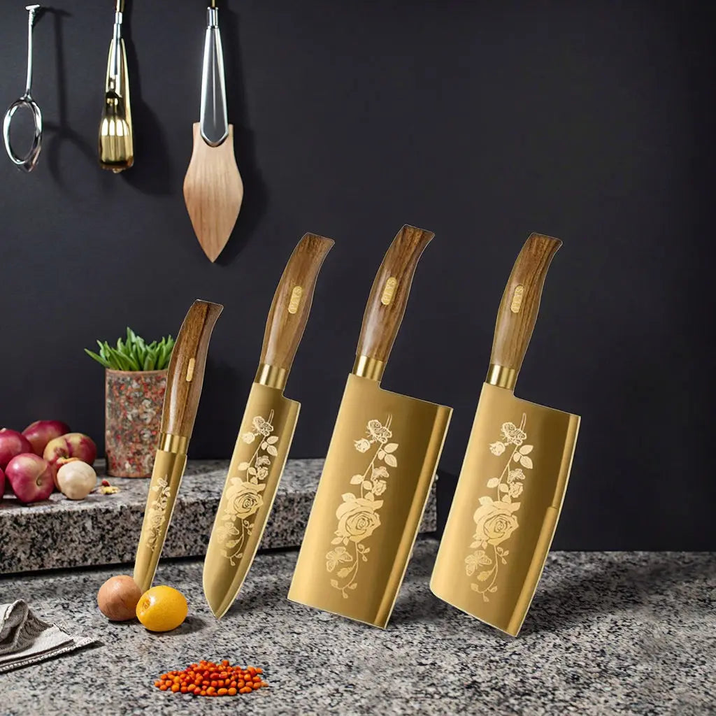 Luxurious Golden Rose 4-Piece Kitchen Knife Set | Professional Stainless Steel