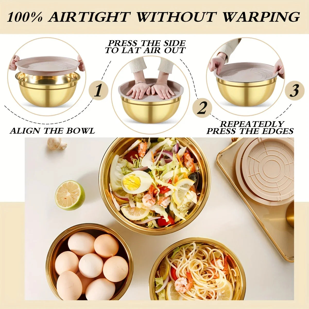 10-Piece Gold Stainless Steel Mixing Bowl Set with Lids &amp; Grater Attachments