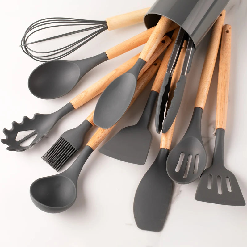 Silicone Utensil Set – Khaki Kitchen Tools with Wooden Handles, 12pcs