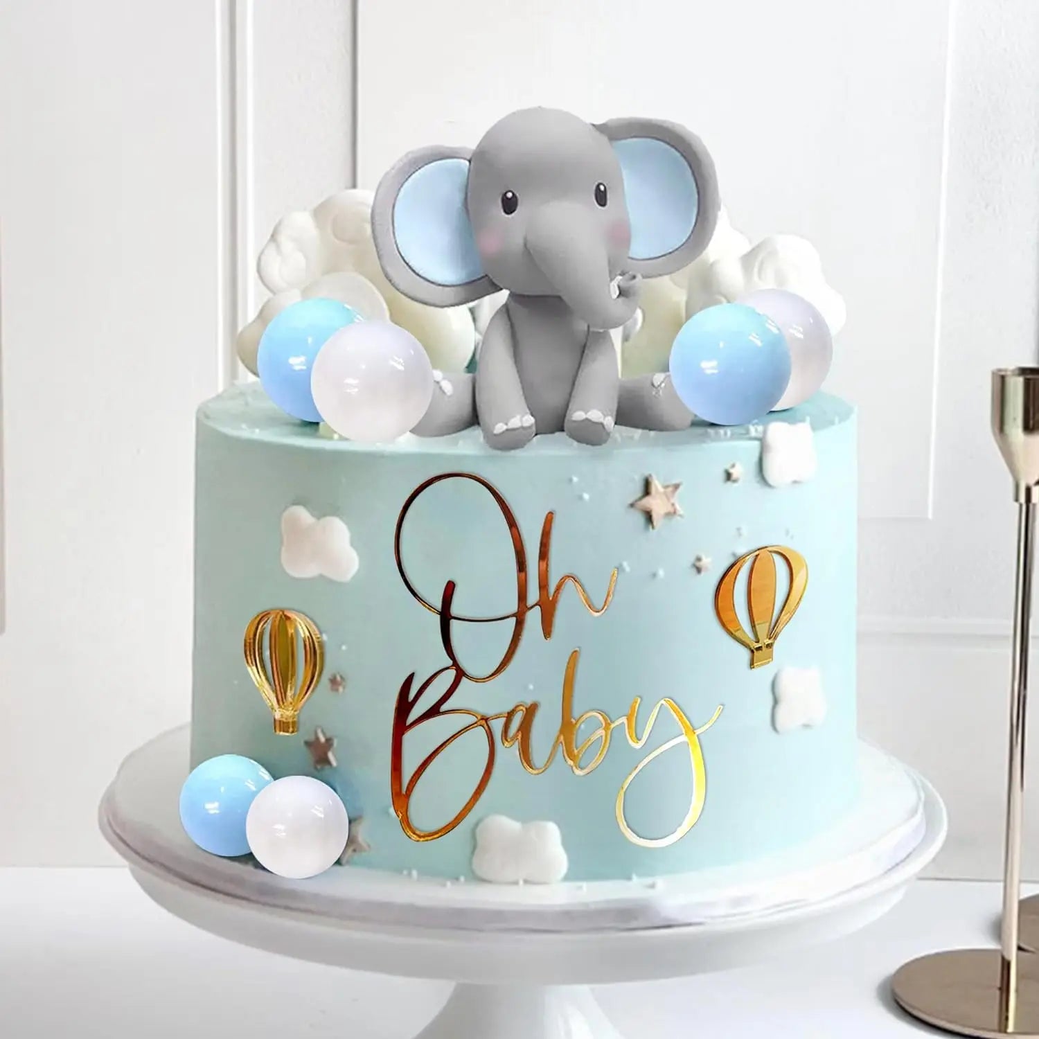 "Oh Baby" cake decoration with elephant and balloons