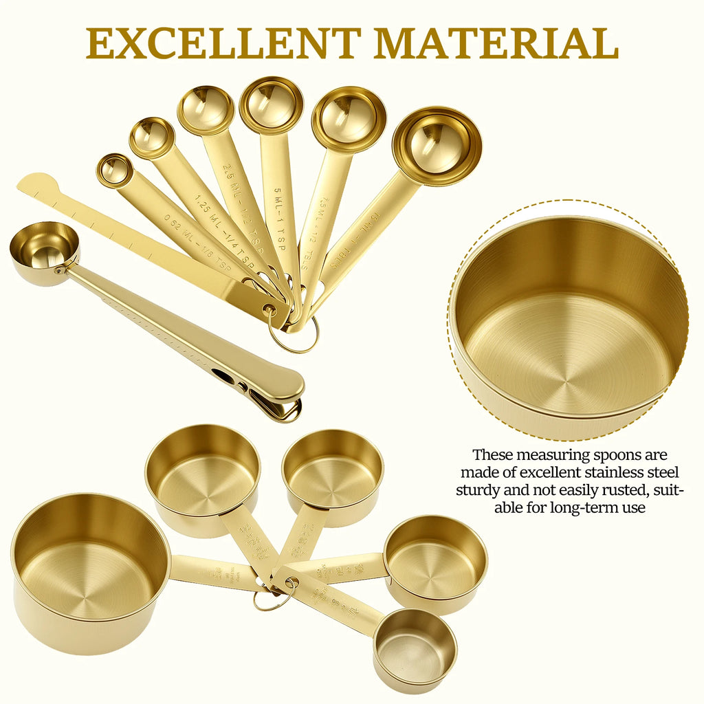 Ultimate 13-Piece Golden Stainless Steel Measuring Set | With Natural Wood Handles