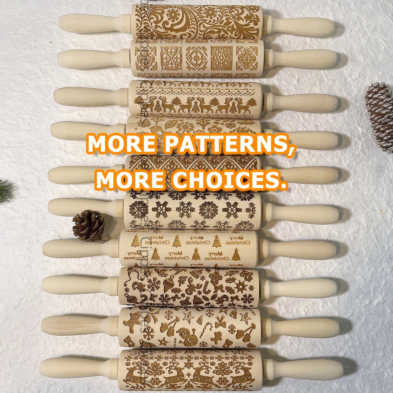 Wooden Christmas Embossing Rolling Pin – 3D Engraved Reindeer & Floral Pattern