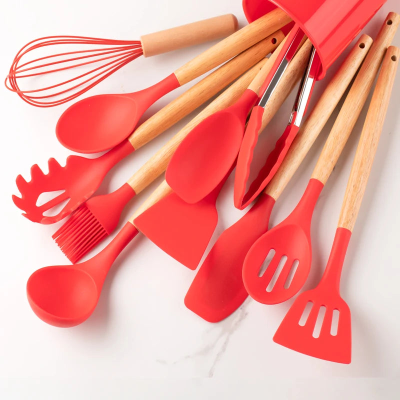 Silicone Utensil Set – Khaki Kitchen Tools with Wooden Handles, 12pcs