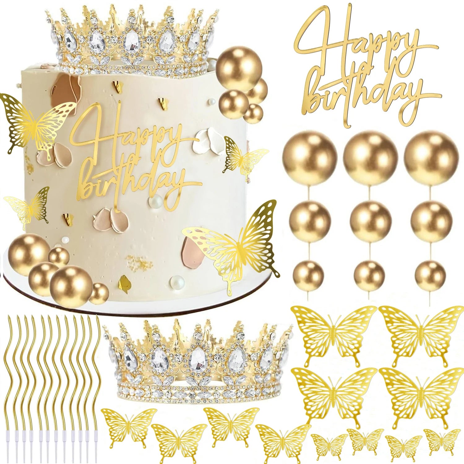 Royal Crown & Butterfly Cake Decor Set | Premium Gold, Pink & Silver Theme