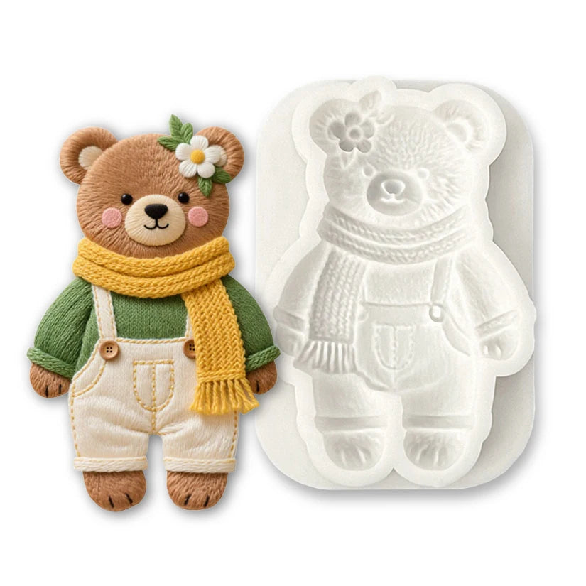 Silicone mold for a teddy bear with a scarf and a flower