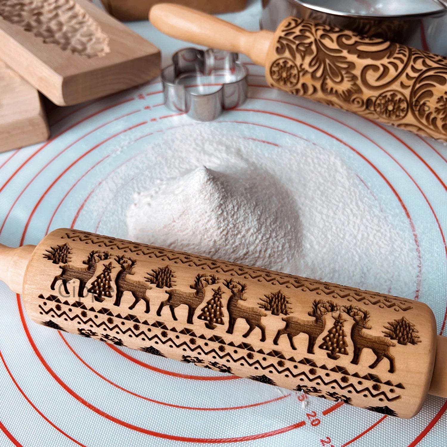Wooden Christmas Embossing Rolling Pin – 3D Engraved Reindeer & Floral Pattern