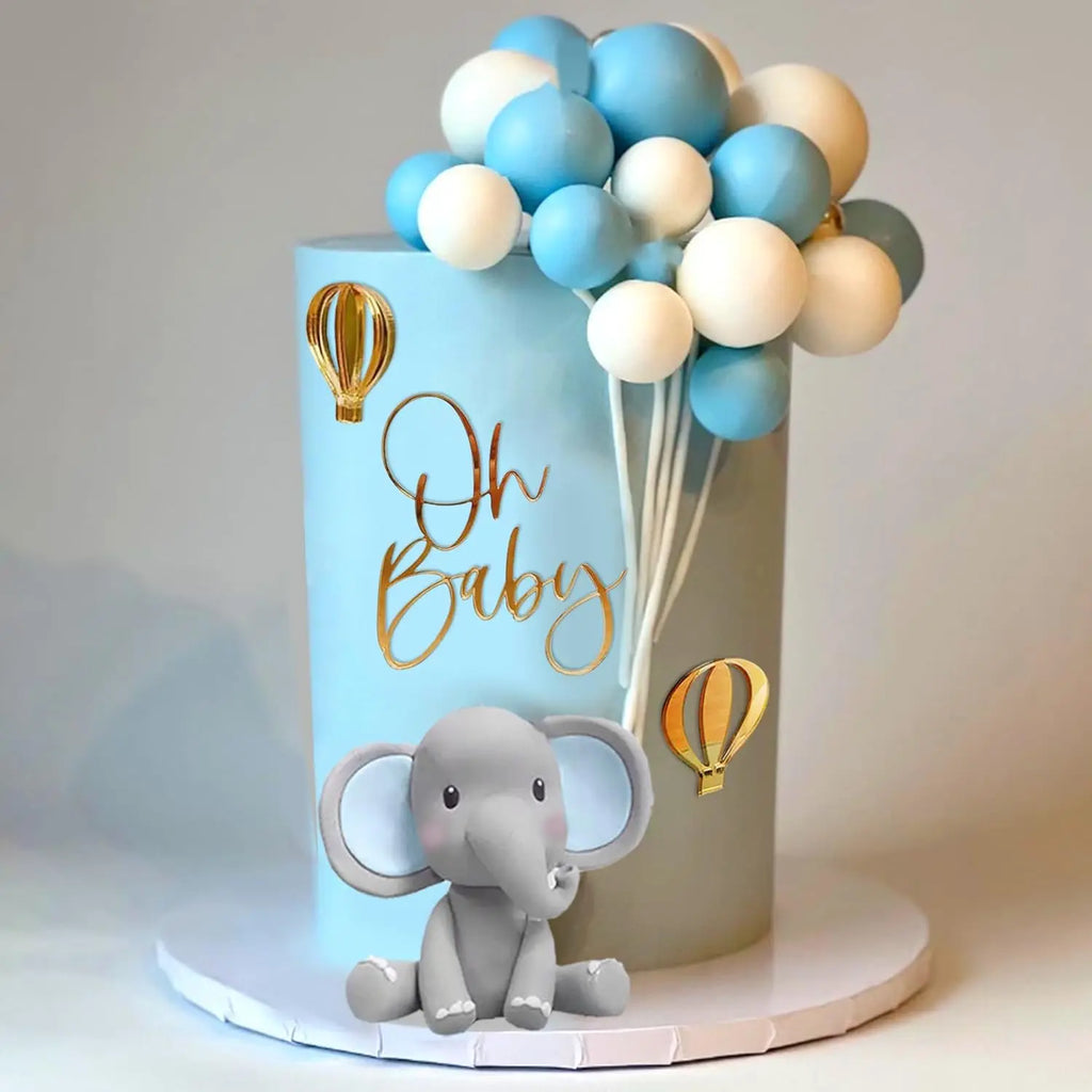 "Oh Baby" cake decoration with elephant and balloons