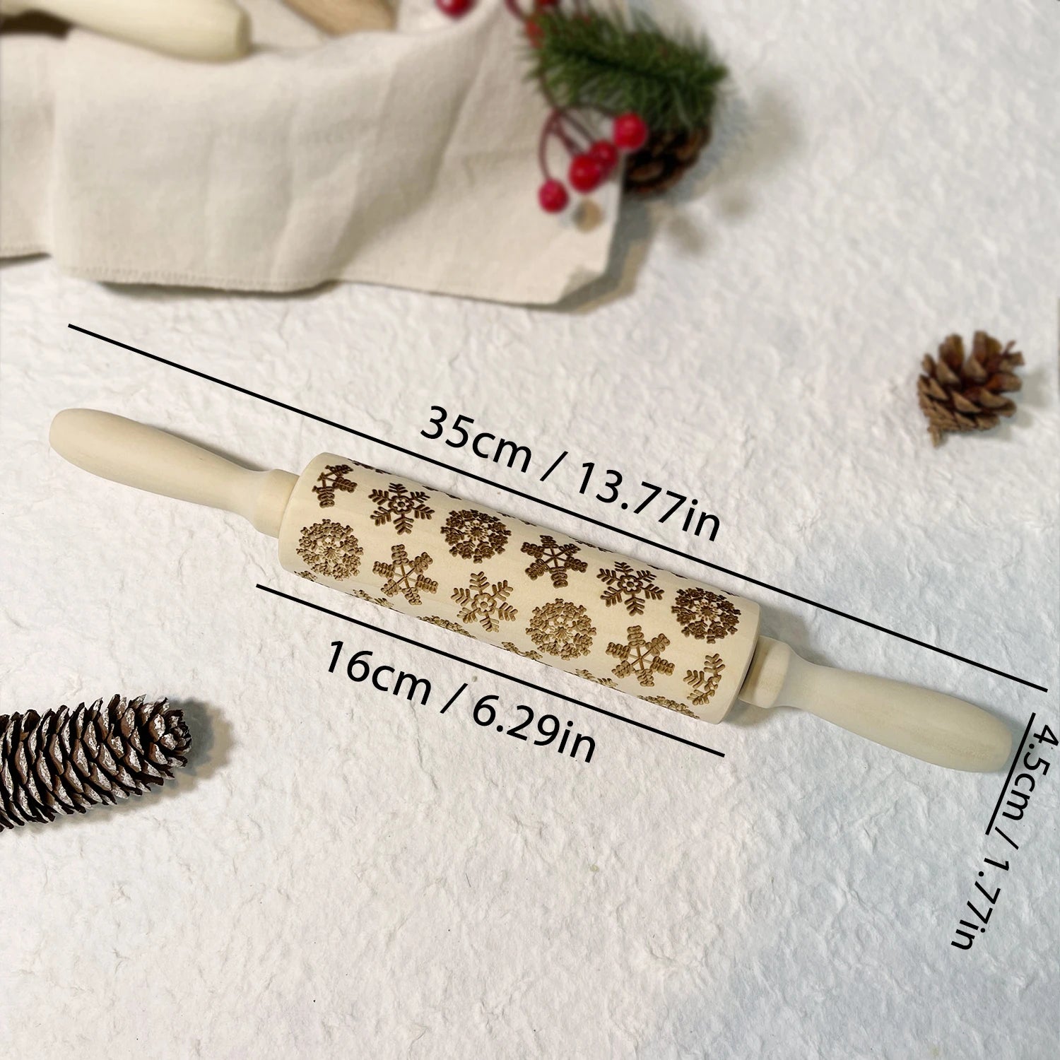 Wooden Christmas Embossing Rolling Pin – 3D Engraved Reindeer & Floral Pattern