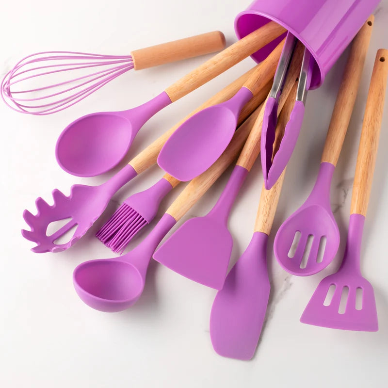 Silicone Utensil Set – Khaki Kitchen Tools with Wooden Handles, 12pcs