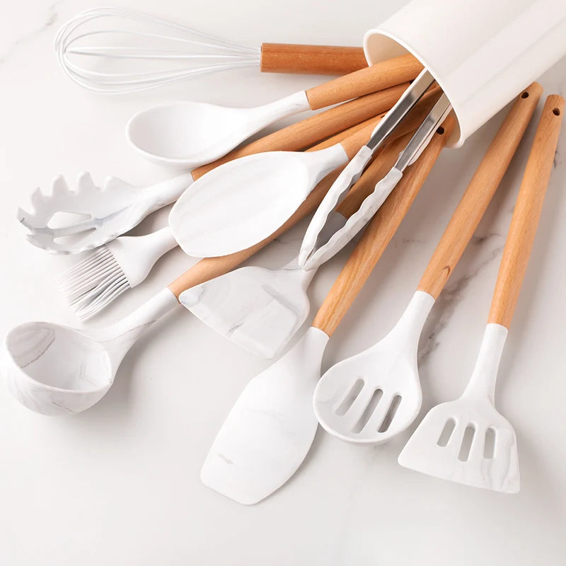 Silicone Utensil Set – Khaki Kitchen Tools with Wooden Handles, 12pcs
