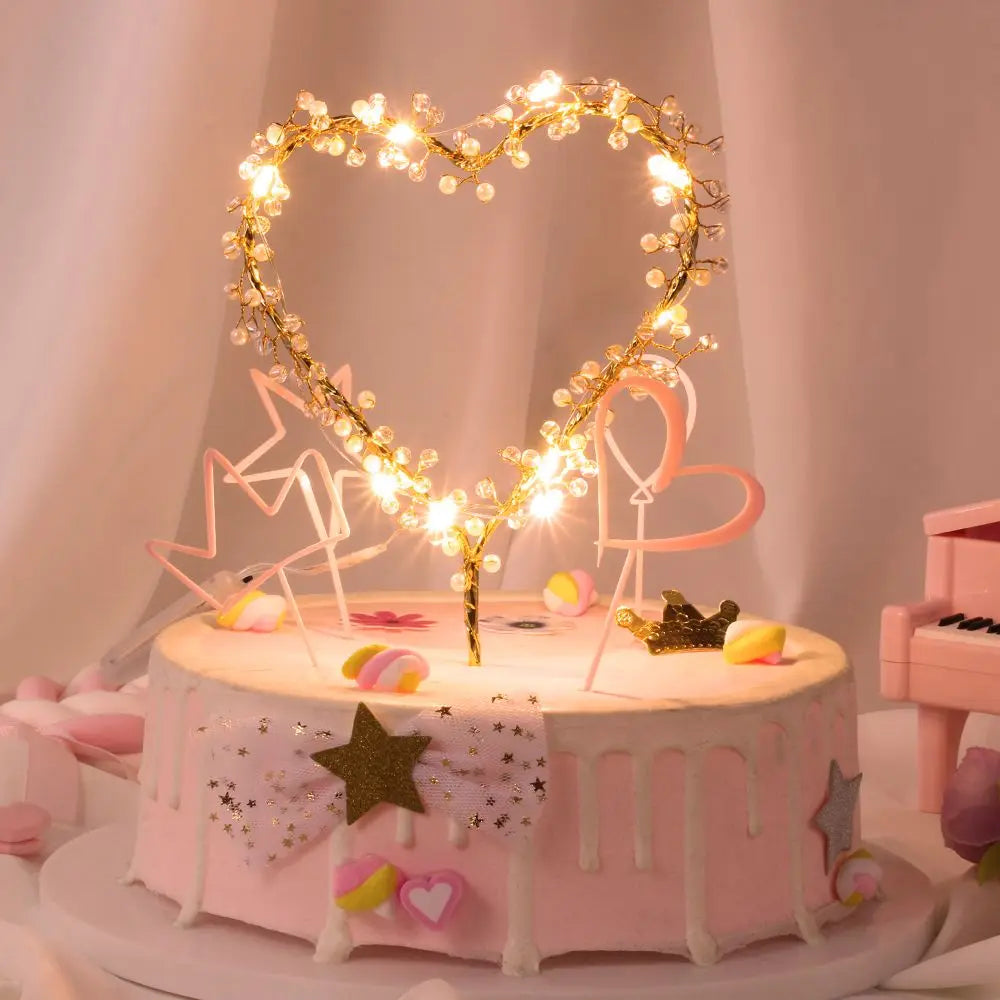 Heart Shape LED Pearl Cake Topper – Baby Happy Birthday Decoration