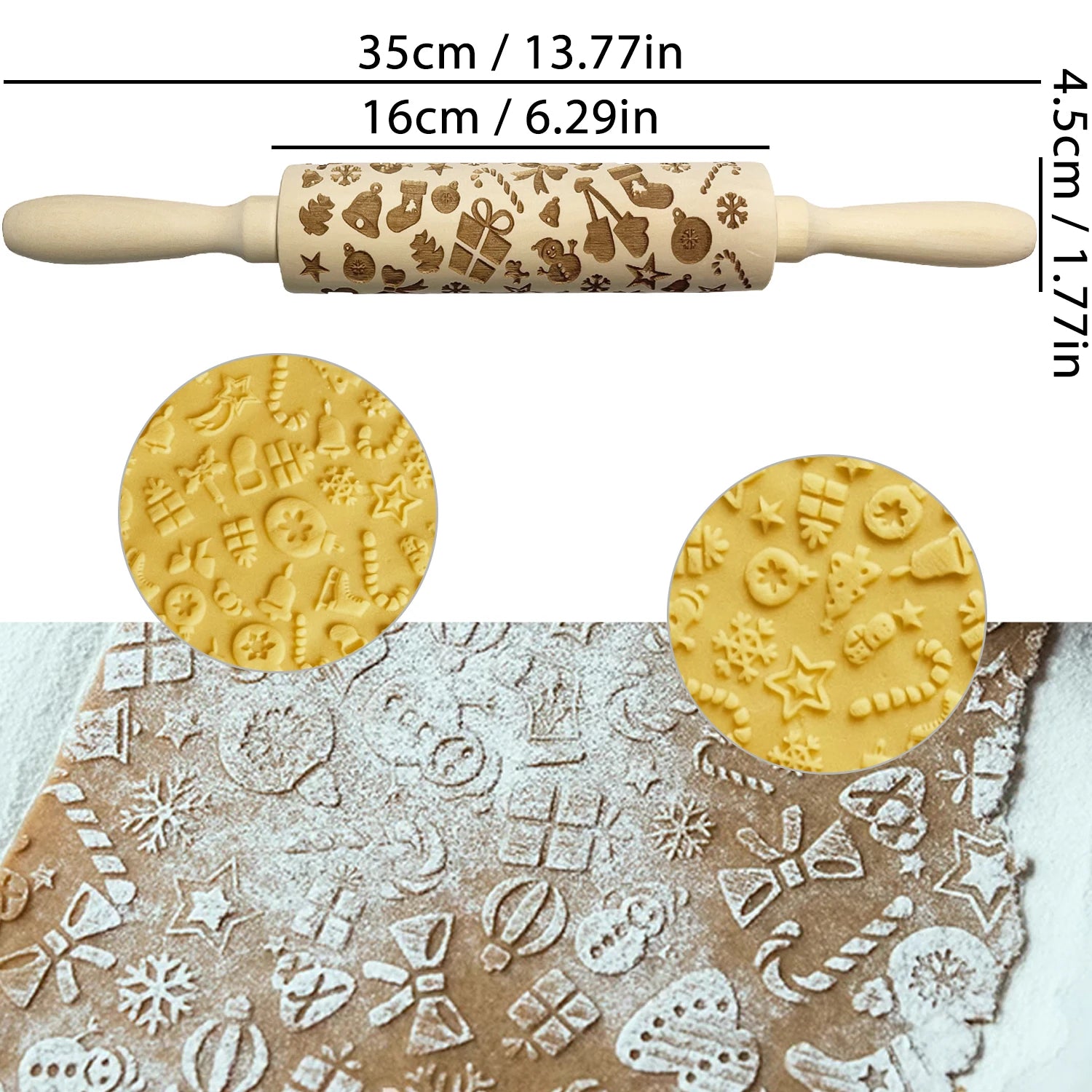 Wooden Christmas Embossing Rolling Pin – 3D Engraved Reindeer & Floral Pattern