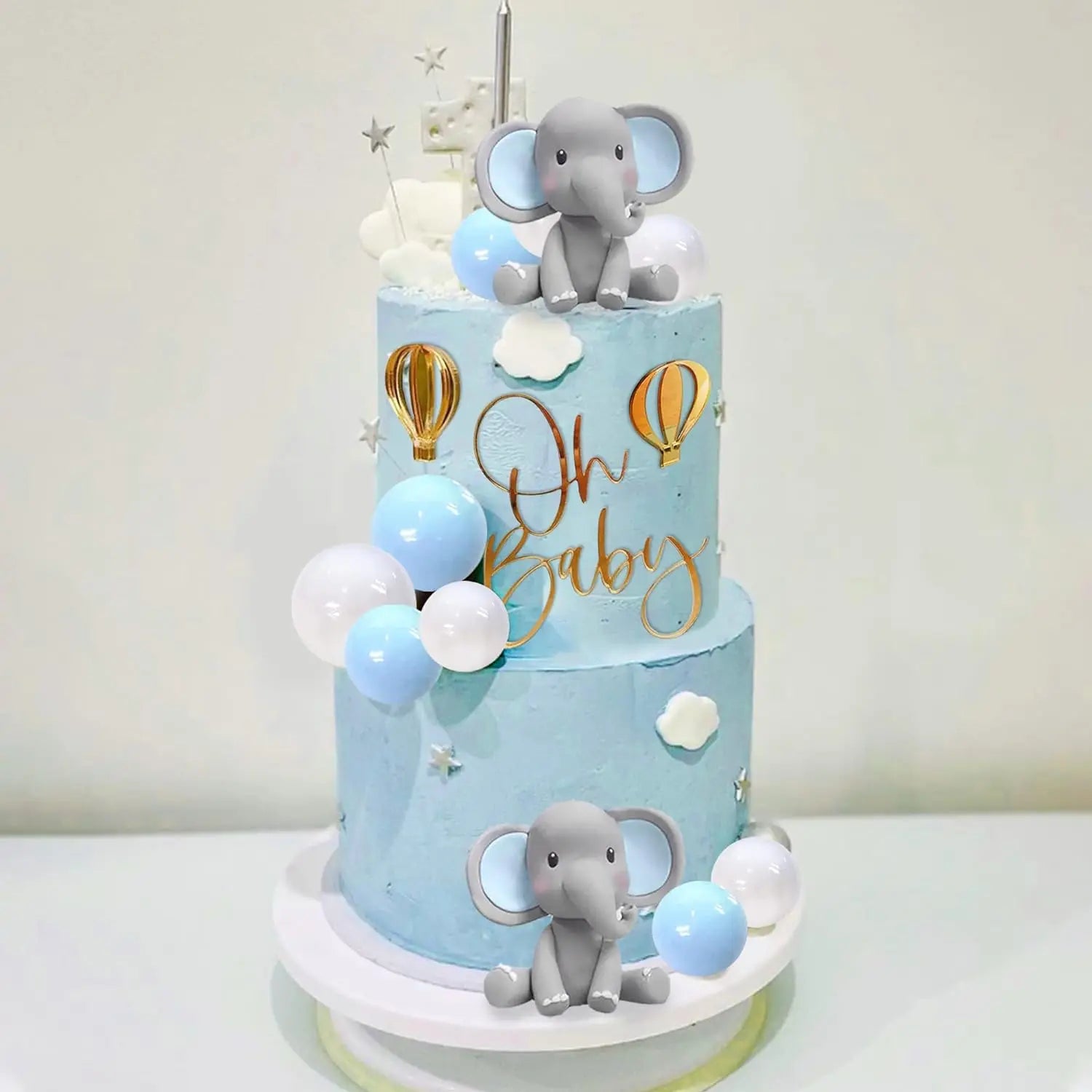 "Oh Baby" cake decoration with elephant and balloons