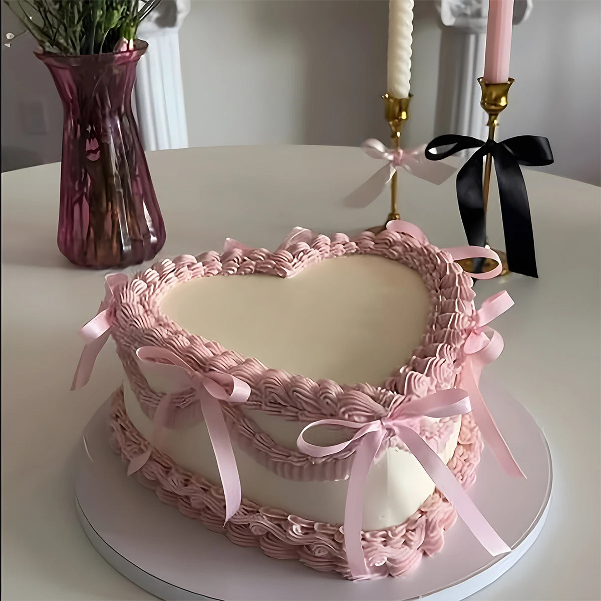 Red & Pink Bow Ribbon Cake Decoration – Romantic & Party Decor