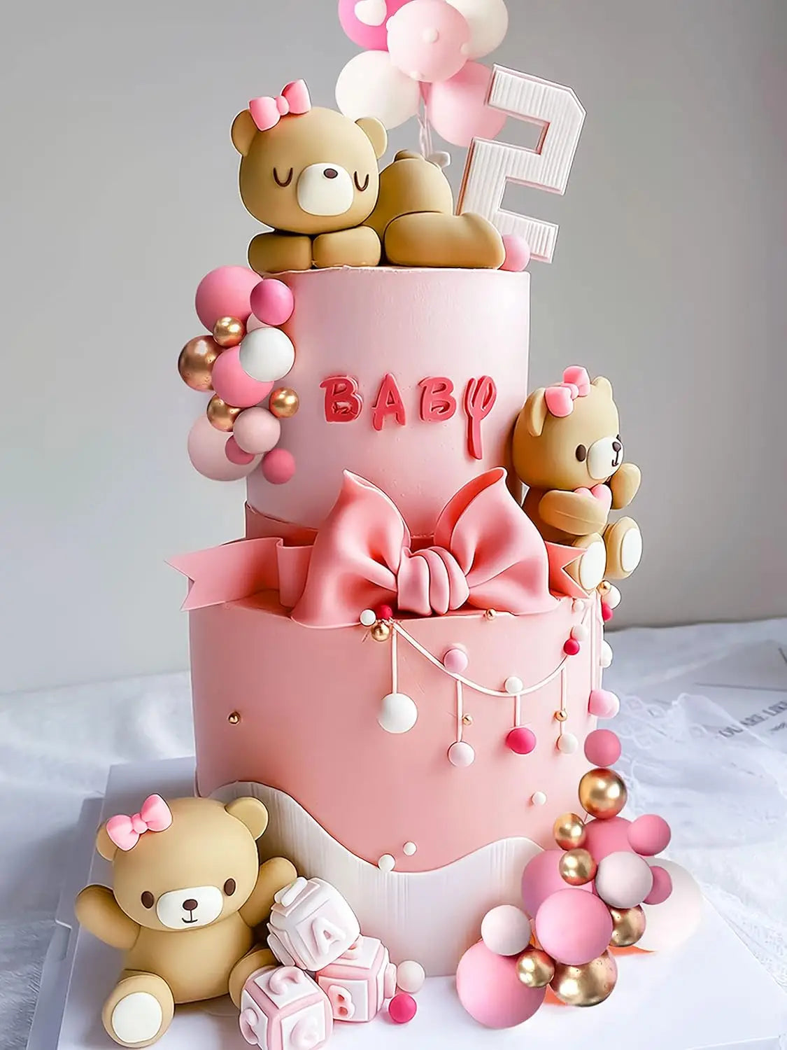 Luxury Teddy Bear Cake Topper – Adorable Decor with Satin Bow