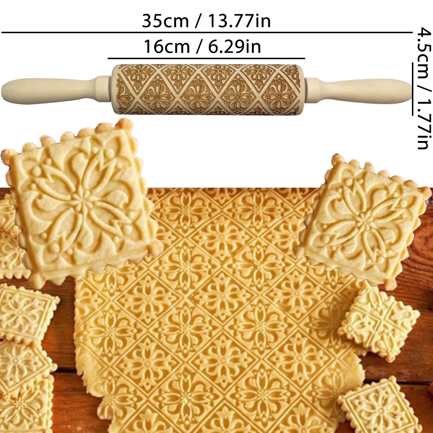 Wooden Christmas Embossing Rolling Pin – 3D Engraved Reindeer & Floral Pattern