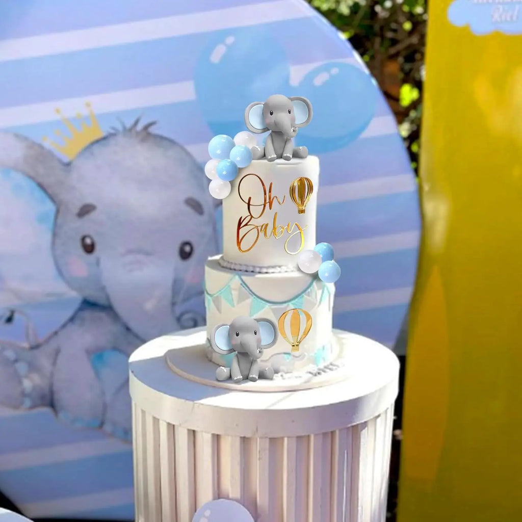 "Oh Baby" cake decoration with elephant and balloons