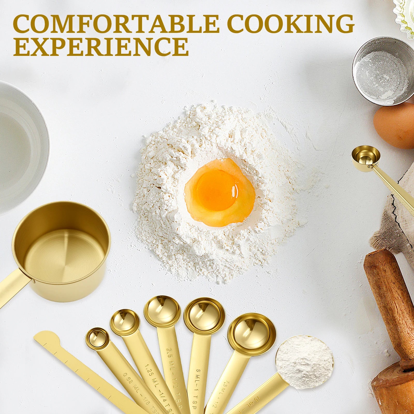 Ultimate 13-Piece Golden Stainless Steel Measuring Set | With Natural Wood Handles