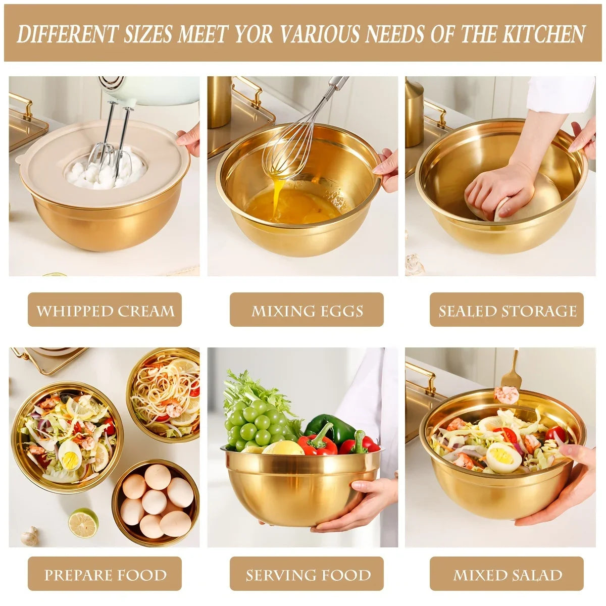 10-Piece Gold Stainless Steel Mixing Bowl Set with Lids &amp; Grater Attachments