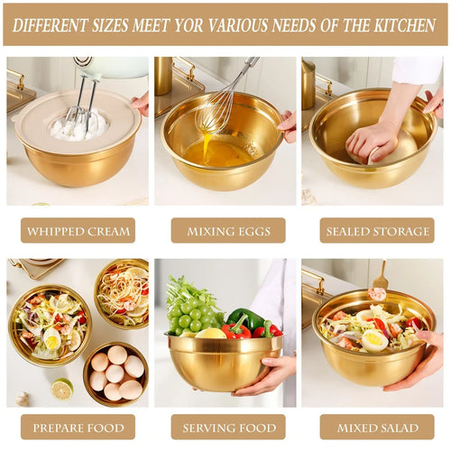 10-Piece Gold Stainless Steel Mixing Bowl Set with Lids &amp; Grater Attachments