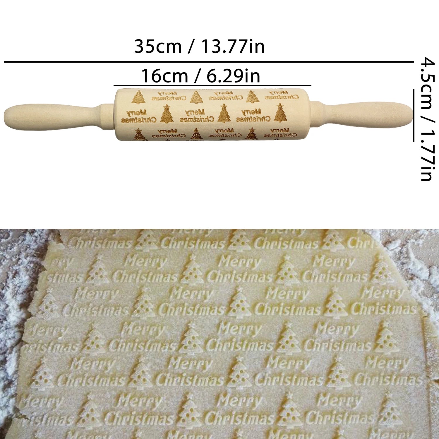 Wooden Christmas Embossing Rolling Pin – 3D Engraved Reindeer & Floral Pattern