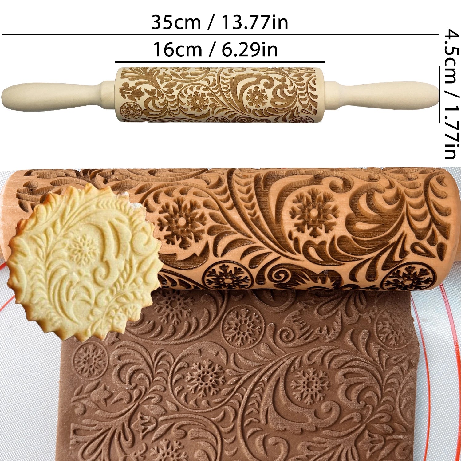 Wooden Christmas Embossing Rolling Pin – 3D Engraved Reindeer & Floral Pattern