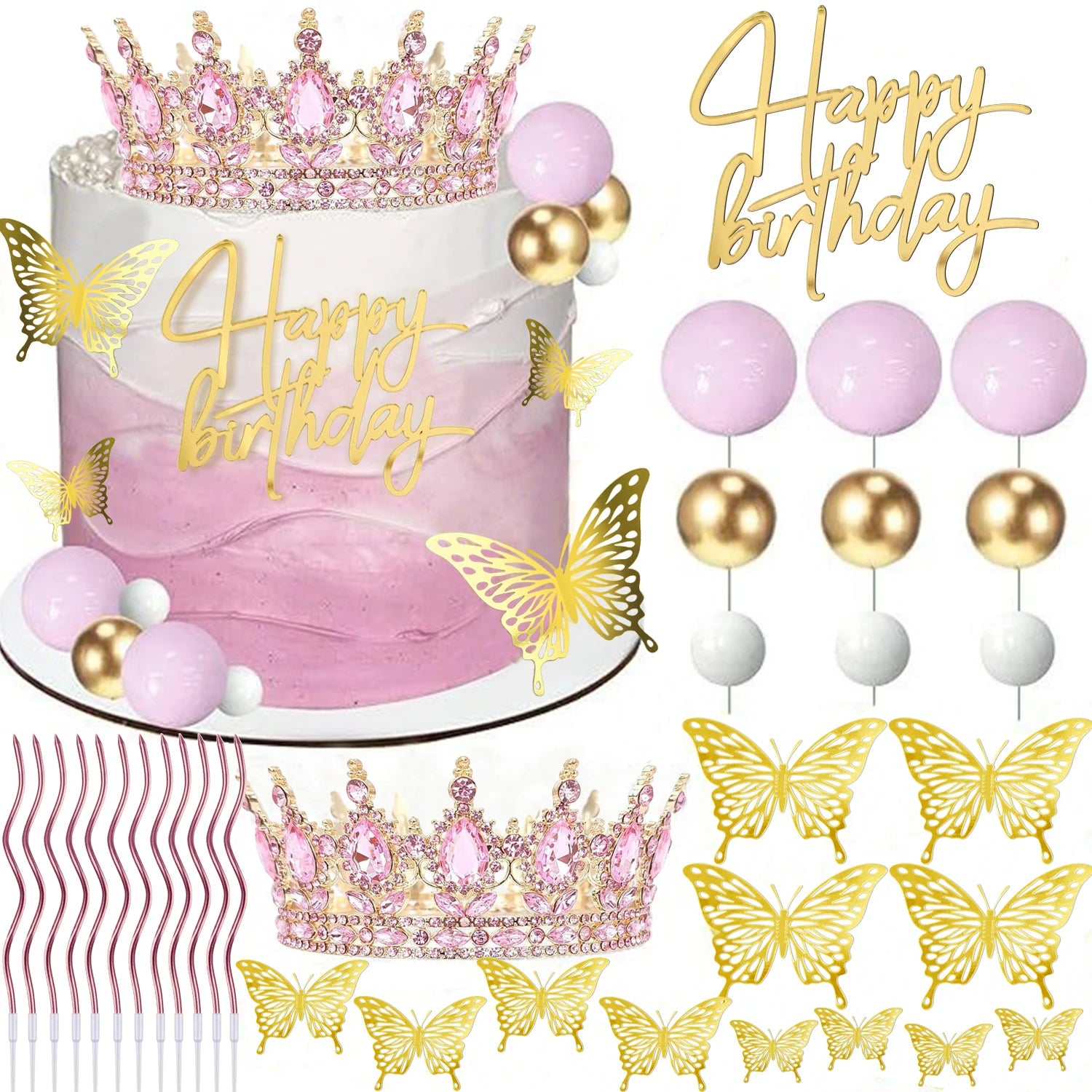 Royal Crown & Butterfly Cake Decor Set | Premium Gold, Pink & Silver Theme