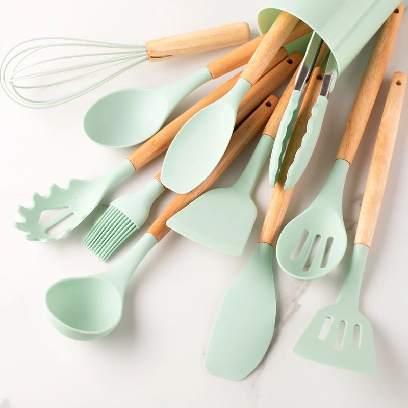 Silicone Utensil Set – Khaki Kitchen Tools with Wooden Handles, 12pcs