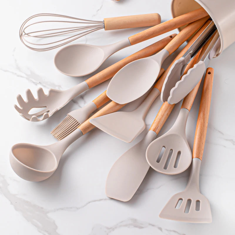 Silicone Utensil Set – Khaki Kitchen Tools with Wooden Handles, 12pcs