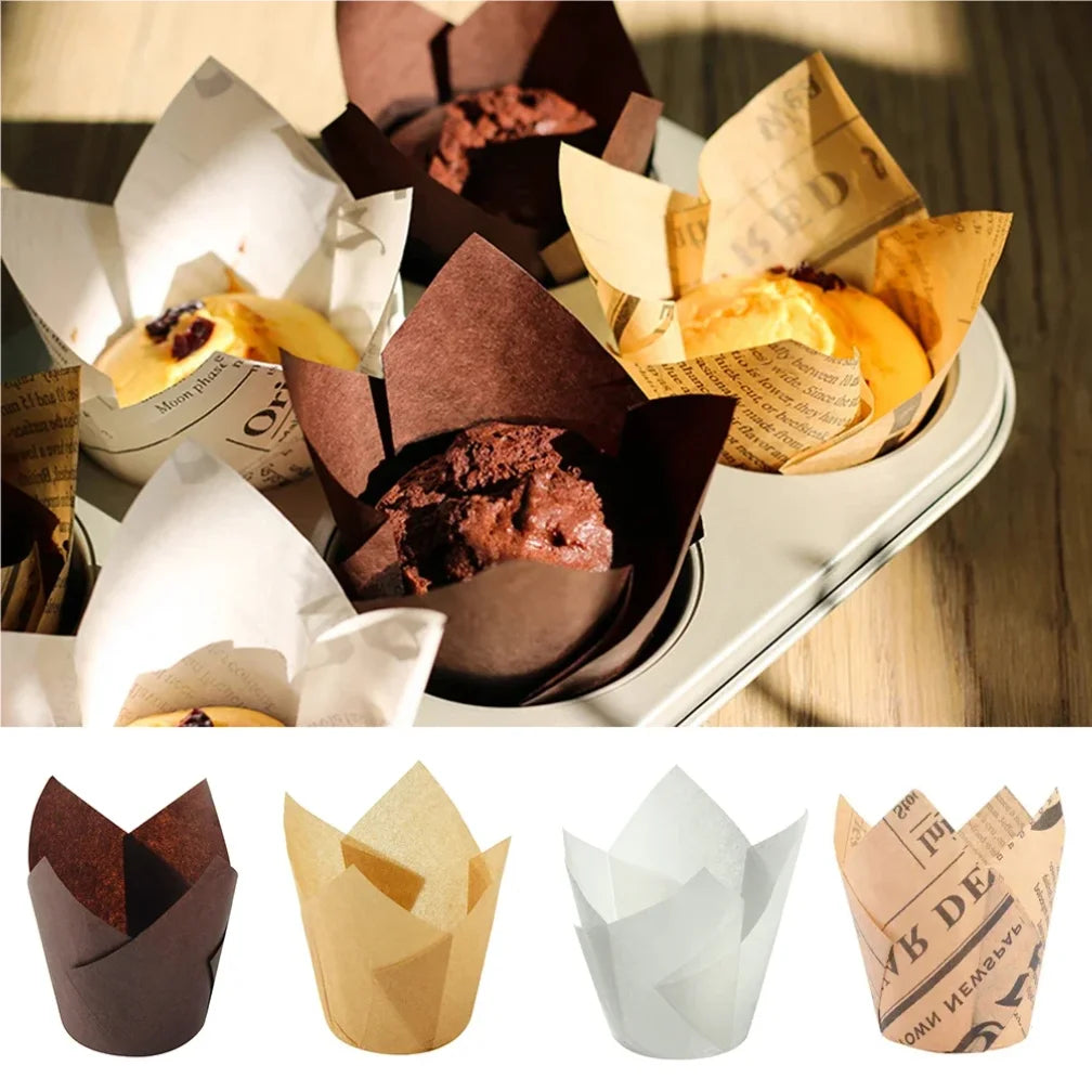50pcs Tulip Muffin Cupcake Paper Cups – Oilproof Baking Liners