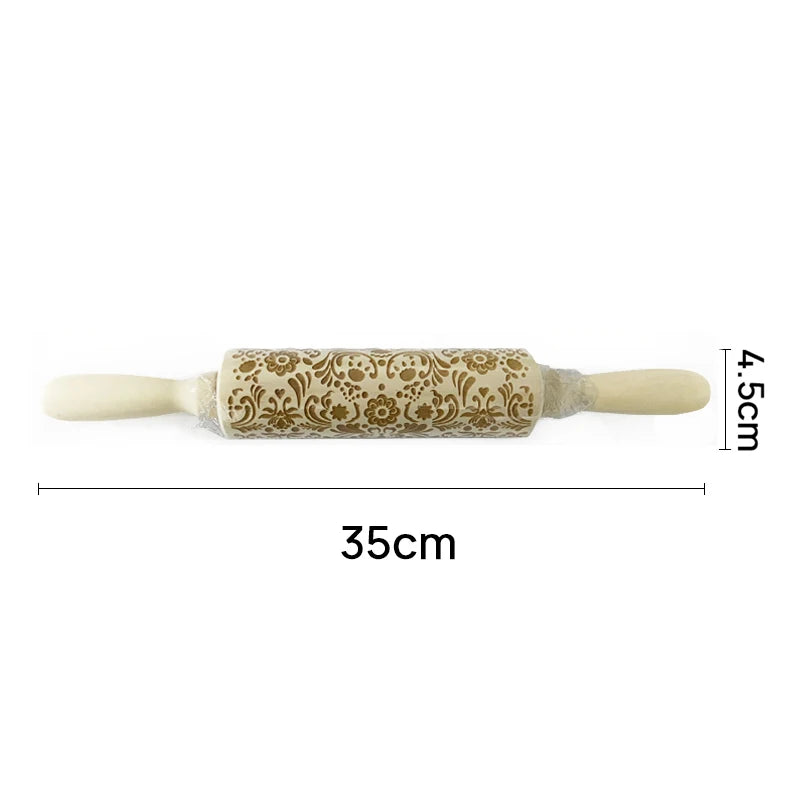 Wooden Christmas Embossing Rolling Pin – 3D Engraved Reindeer & Floral Pattern